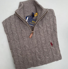 Ralph Lauren Cable-Knit Cotton Quater-Zip Jumper - Grey S NEW WITH TAGS 