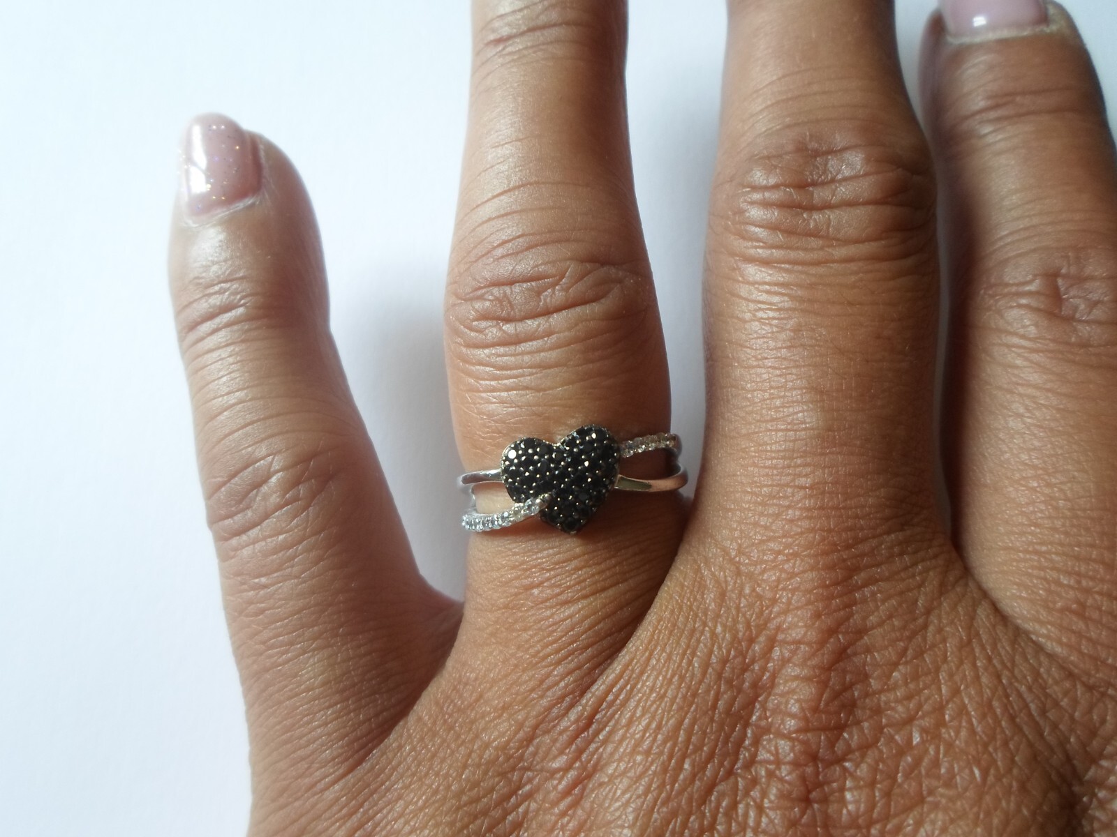 solid silver ring, cross, heart, black and white … - image 2