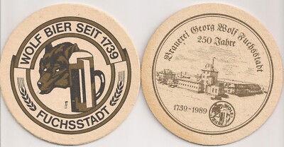 Wolf Bier, Fuchsstadt - alter Bierdeckel ''250 Jahre'' aus dem Jahr 1989