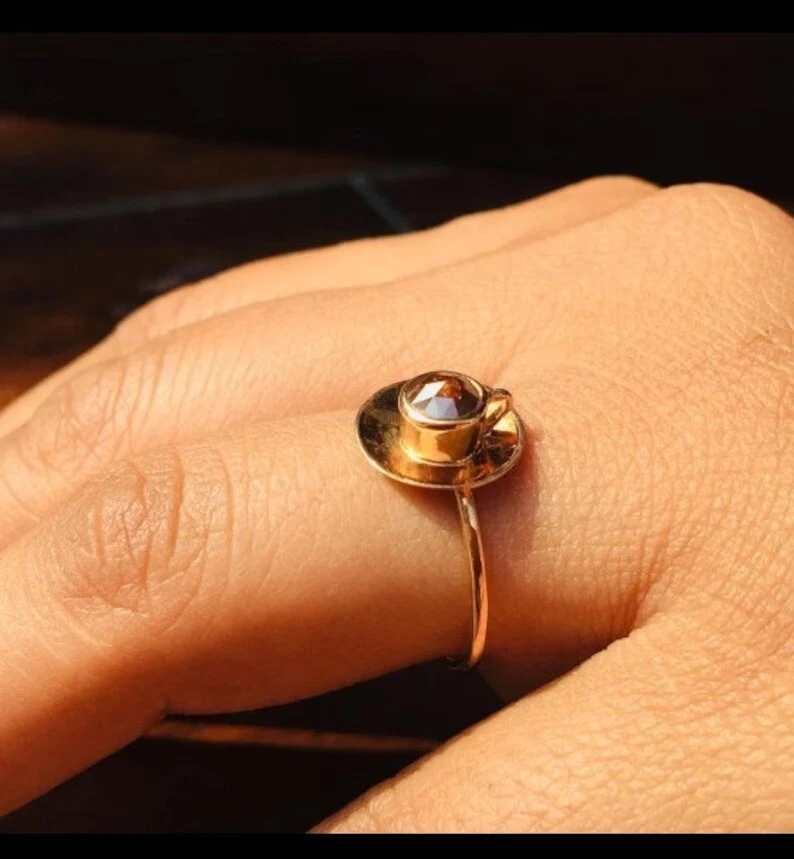 Anillo Cuarzo Ahumado Latón Oro Mujer Anillo Promesa Compromiso Hecho a Mano Regalo para Ella Foto 4 de 4
