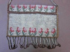 Antique Victorian/Edwardian Floral Micro Beaded Steel Floral Fringe Purse