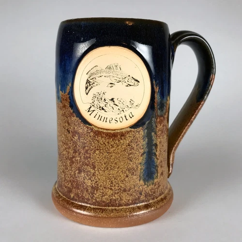 John Deneen Rare Minnesota Fish Motif Mug Studio Pottery Drip Glaze Vintage Lg