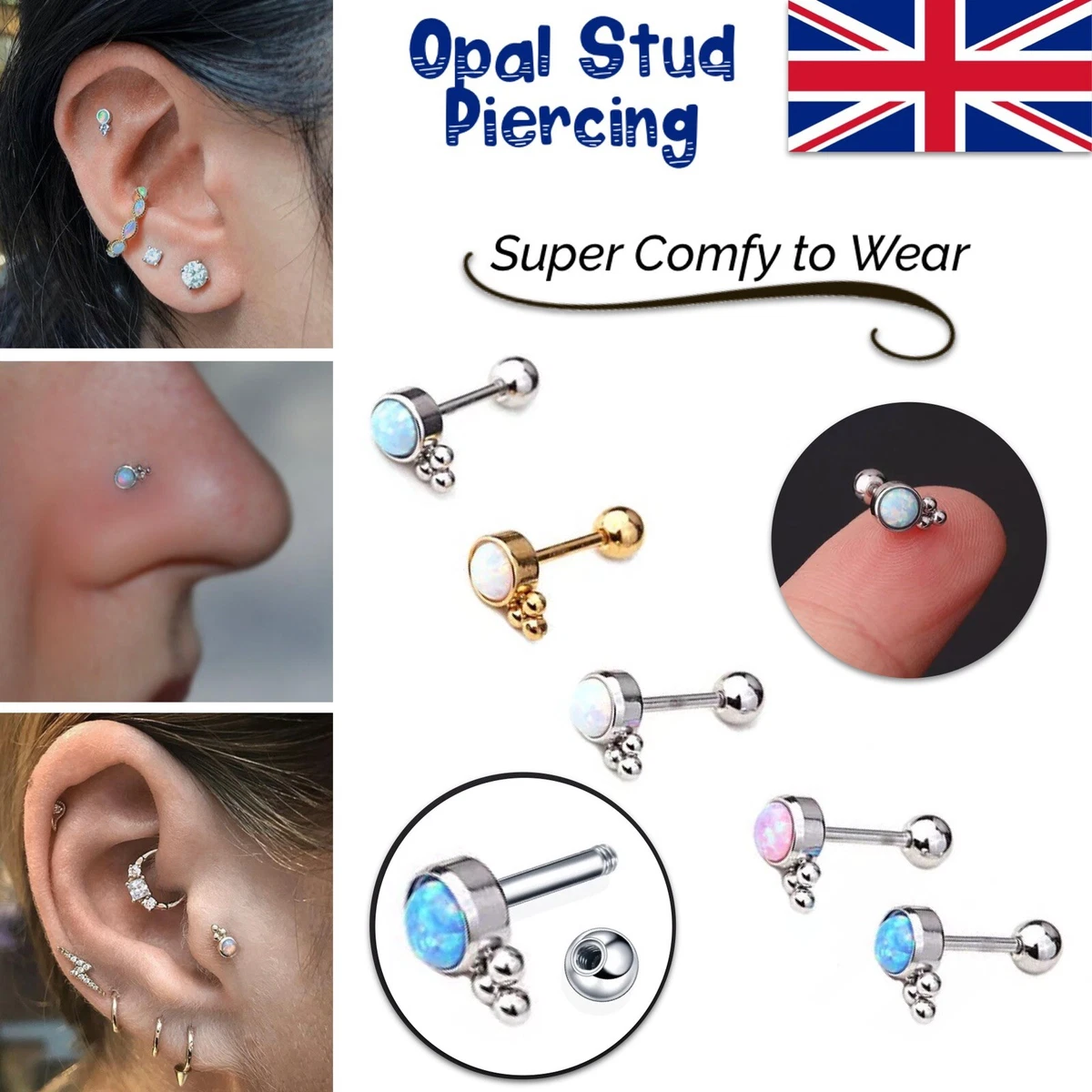 Cartilage Earrings Stud Rook Piercing Opal Gem Ball Flat Back Tragus Nose  Helix