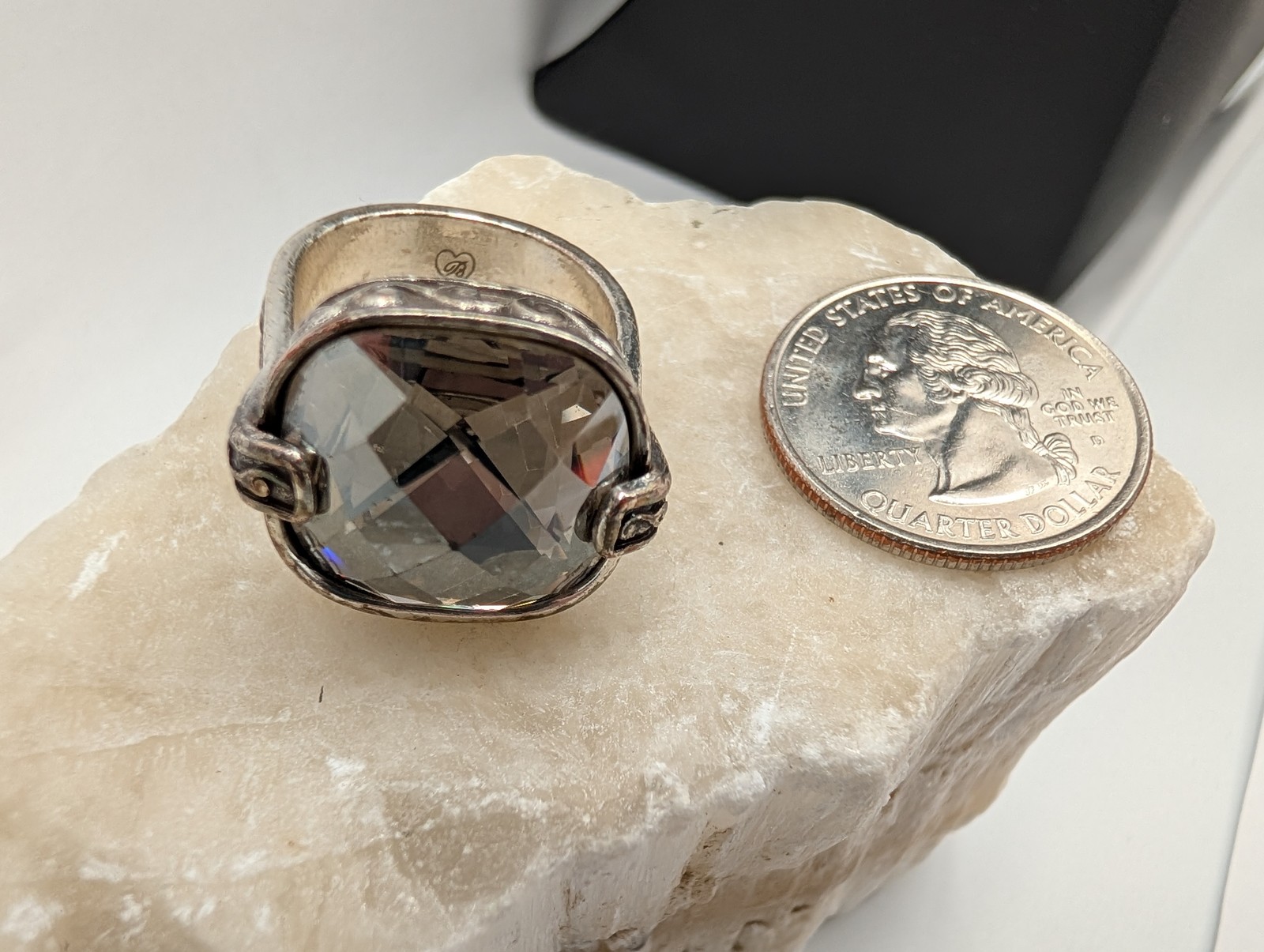 Brighton Silver Tone Scroll Statement Ring Smoky … - image 7