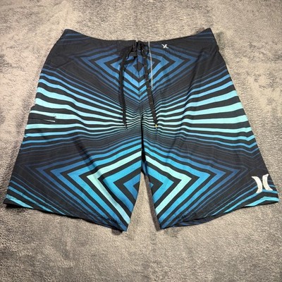 Hurley Phantom Mens Board Shorts Sz 38 Blue Black Geometric Chevron Swim Trunks