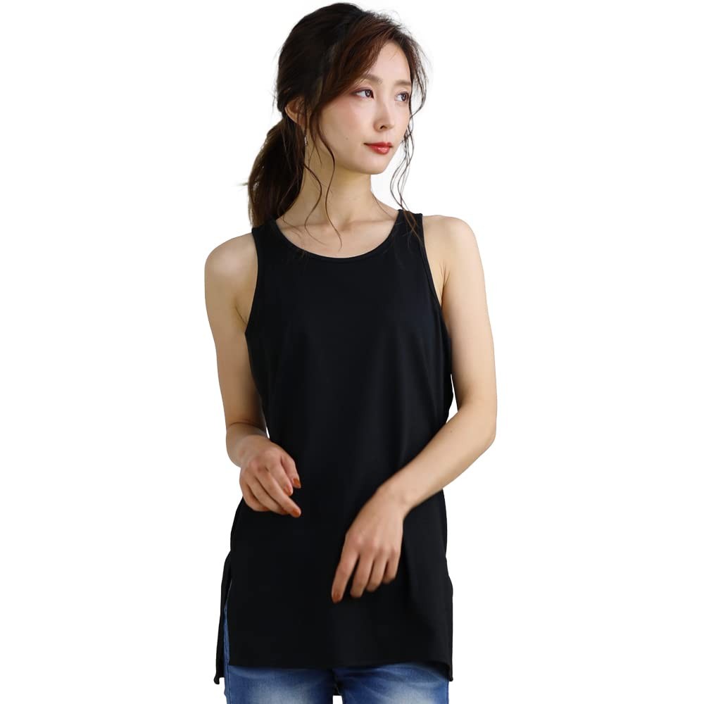 SWANUNION Plain Black Long Length Angle Hem U Neck Tank Top LT121-image