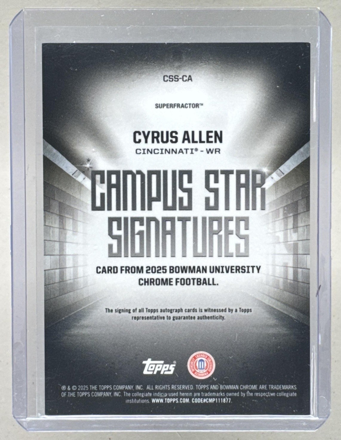 Cyrus Allen 2025 Bowman University Chrome SuperFractor Campus Star Auto 1/1 view 2