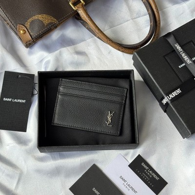 YSL Black Pebbled Leather Card Holder Silver YSL Cassandre Logo