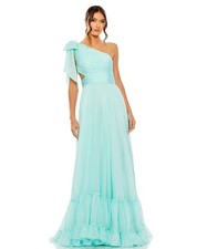 MAC DUGGAL Aqua Tiered One Shoulder Bow Ruched Cutout Chiffon Gown Dress 8 = M