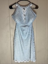DB Studio Light blue Floral Lace Halter Dress Beaded Neckline Sz14