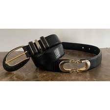 Vtg Cale Sarah Peck Black Lizard Crocodile Leather Belt Silver Gold Accents M