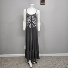 Lauren Moshi Maxi Dress Small Gray Peace Sign Ruffle Boho Rocker Artsy Festival