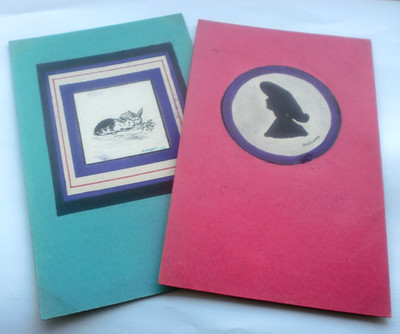 2 x einzigartige seltene handgemalte Postkarten 1916 Silhouette Dame Hasen Kunst SIGNIERT