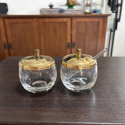 Set Of 2 MCM Glass Condiment Jars with Gold Lids & Glass Spoons Vtg Bar Kitchen