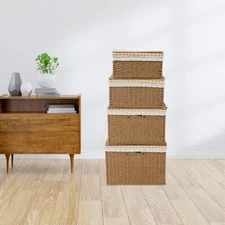 Rope Woven Storage Bins with Lids and Handles – Set of 4 Large Baskets