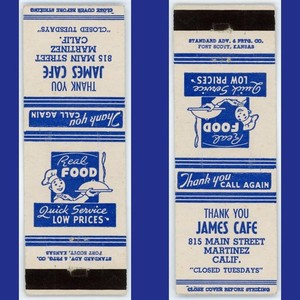 Vintage 1930's-1940's Matchcover James Café 815 Main Street Downtown Martinez CA