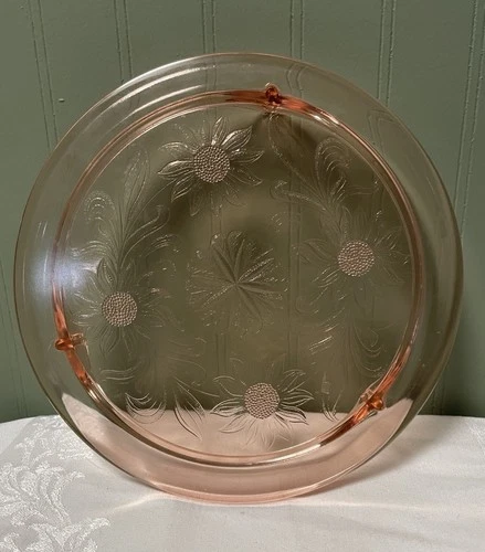 Vintage - 10” Jeanette Pink Depression Glass Footed Cake Plate Sunflower Daisy