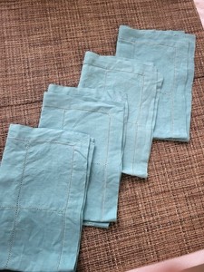 Sferra Festival linen cocktail napkins aqua color Hemstitch Set Of 4