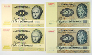 1976, 1977, 1979 & 1980 National Bank of Denmark 10 & 20 Kroner Note Lot-4 Notes