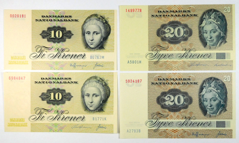 1976, 1977, 1979 & 1980 National Bank of Denmark 10 & 20 Kroner Note Lot-4 Notes