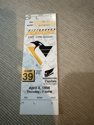 1996 Pittsburgh Penguins vs Capitals Ticket stub 4/4 Mario Lemieux 2 goals