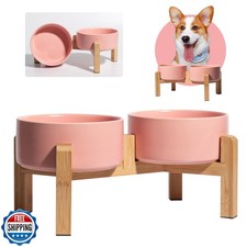 Elevated Ceramic Dog Bowl Set - Raised Dog Bowls with Non-Slip Bamboo Stand -