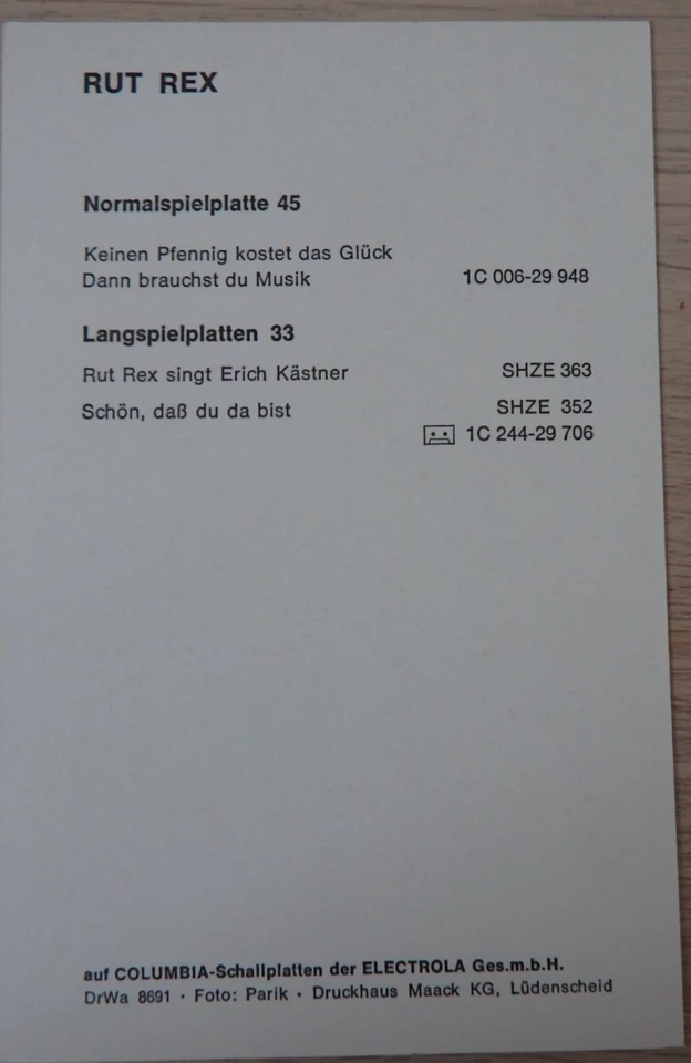 Autogramm deutsche Sängerin und Schauspielerin Rut Rex (124864) - Bild 3 von 3