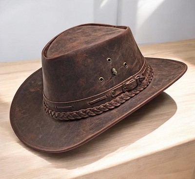 Vintage Brown Leather Cowboy Hat Western Cowgirl Hat for Men Women Country