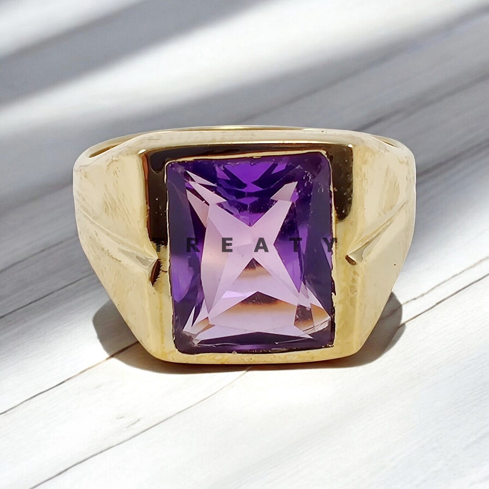 Amethyst Emerald Cut Gemstone With 925 Sterling Gold Plated Ring For Men's #418