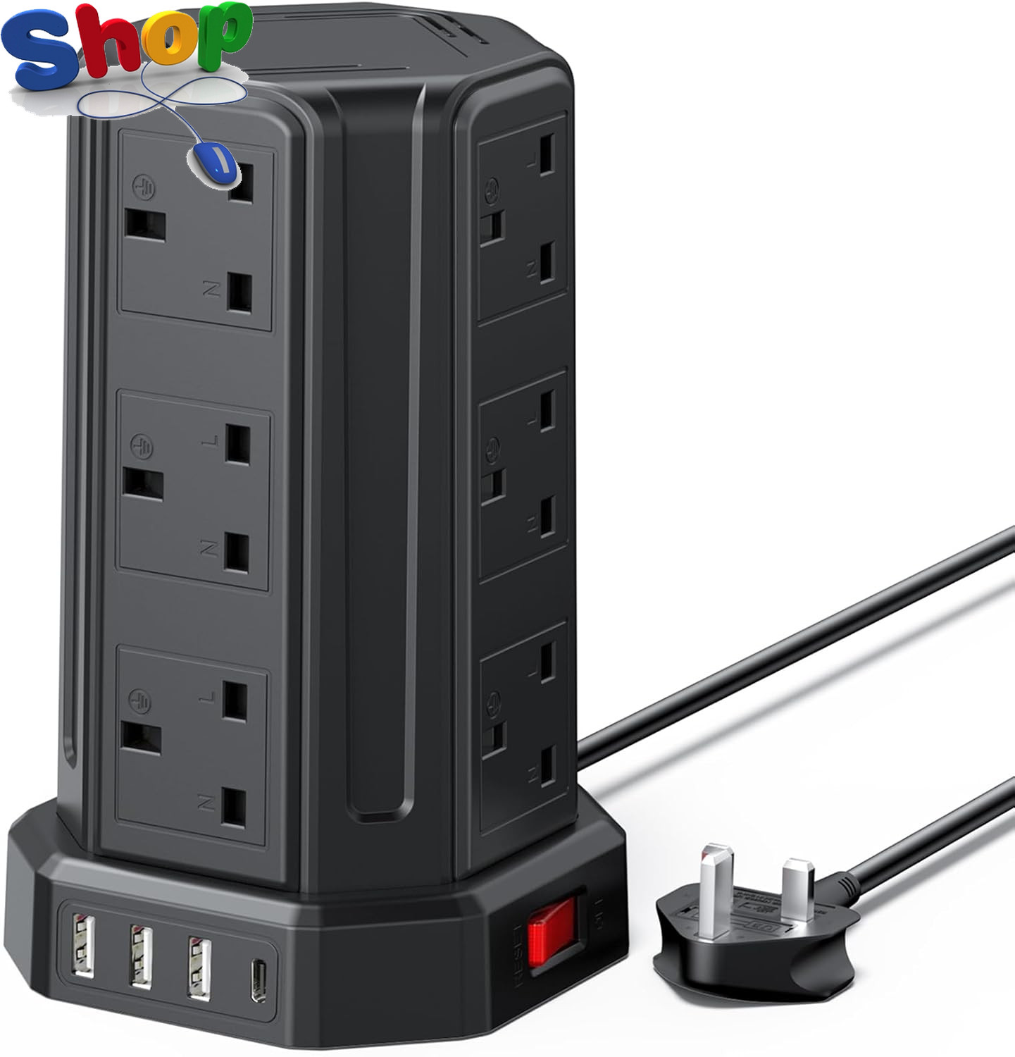 Extension Lead,  12 Way Extension  Multi Plug Extension Sockets with 4 USB Slots