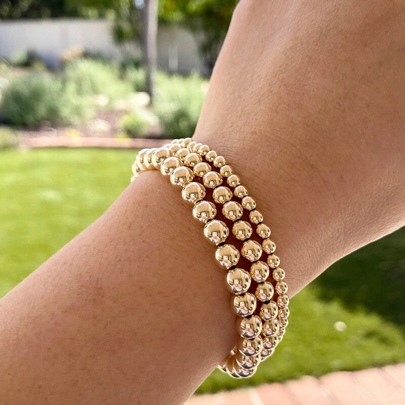 14K Gold Plated Bead Ball Bracelets Stretchable Gold Beaded Women Bracelets  Set