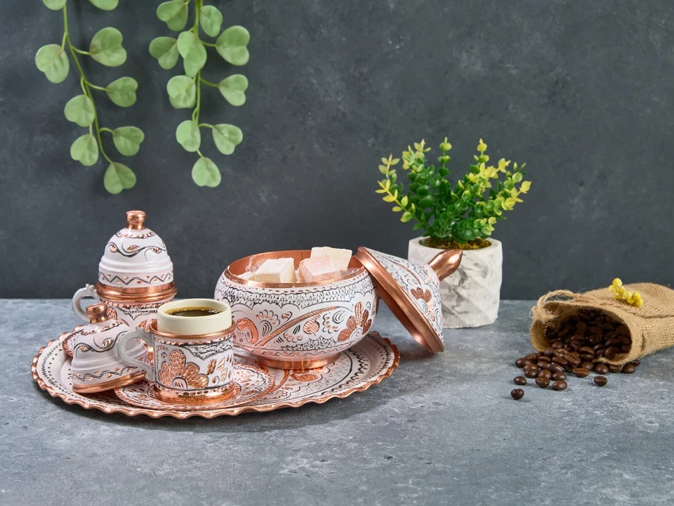 Copper Coffee Serving Set, Turkish Coffee Set, Copper Coffee Cups Tray - Image 3 of 4