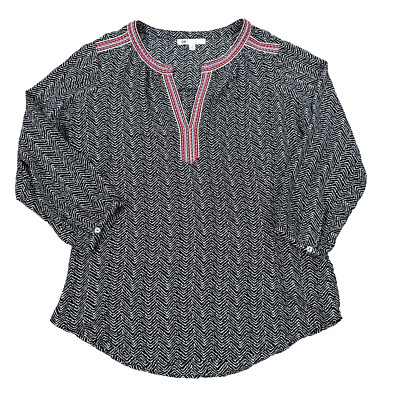 DR2 Daniel Rainn Embroidered Tunic Blouse Women's Medium 3/4 Sleeve V-Neck