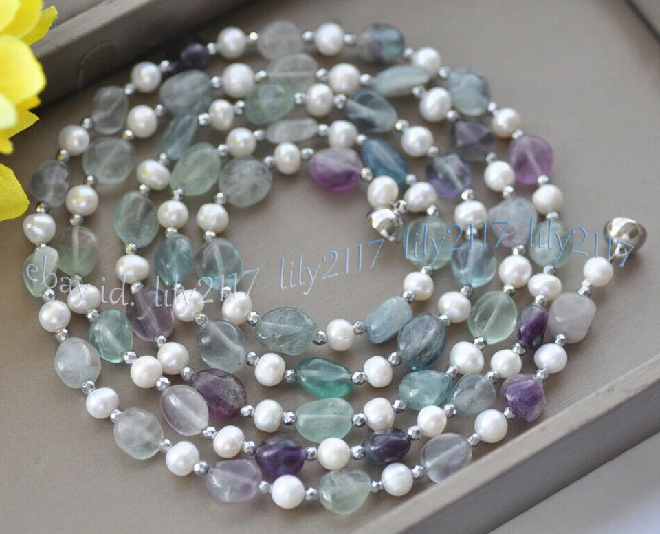Collar de perlas blancas de 7-8 mm gemas irregulares de fluorita multicolor natural Foto 2 de 3