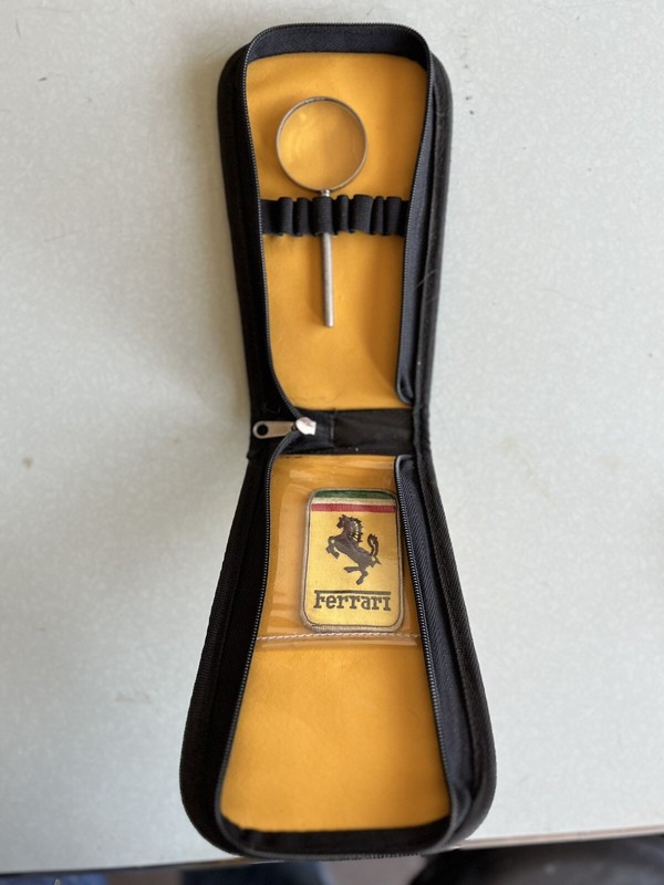 Vintage Ferrari Yelllow Black zipper pouch with Ferrari patch, magnifying glass
