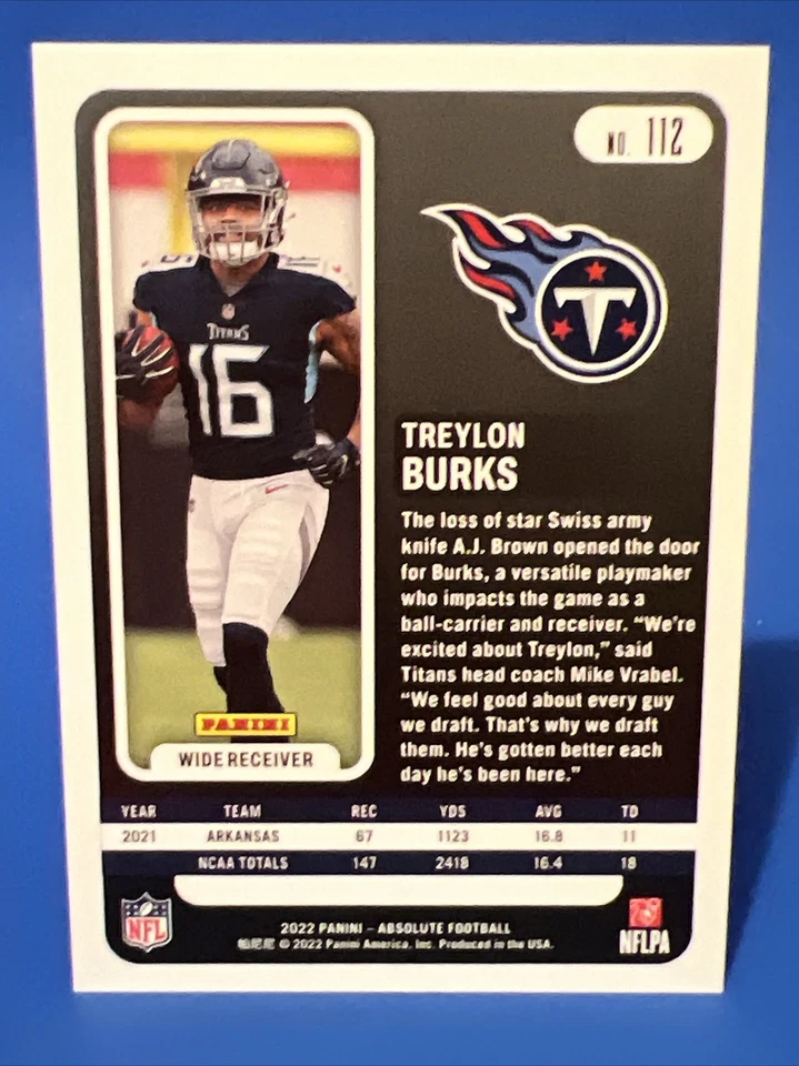 2022 Panini Absolute Rookies Red Squares /499 Treylon Burks #112 Rookie RC - Image 2 of 2
