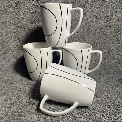 Corelle Coordinates Coffee/Tea Mugs Cups White & Black Simple Lines set of 4