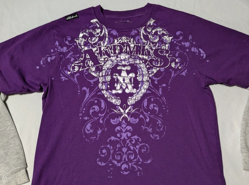 Camiseta AKADEMIKS FAUX CAPAS Waffle Manga Térmica Niños Grande Púrpura Gráfico Foto 2 de 4