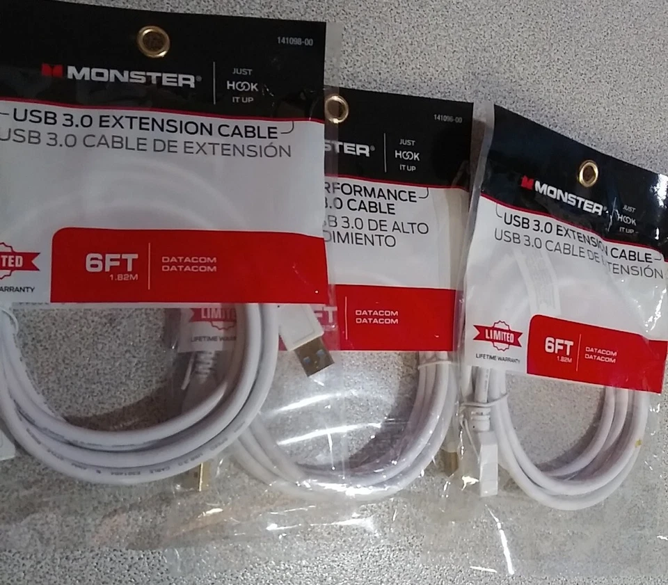 3 Monster 6’ High Performance USB 3.0 Extension Cable New in Bag 141096-00 - Image 2 of 3