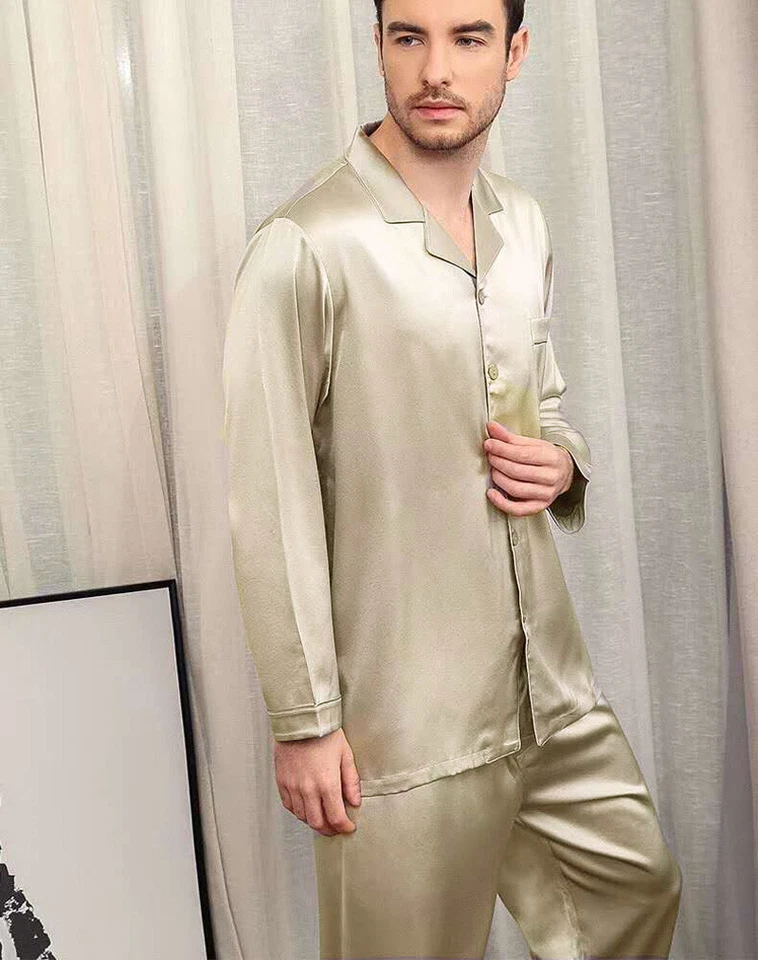 Men's 25MM 100% Pure Mulberry Silk Pajamas Set Long Sleeves Silk Sleepwear S~XXL - Image 2 of 4