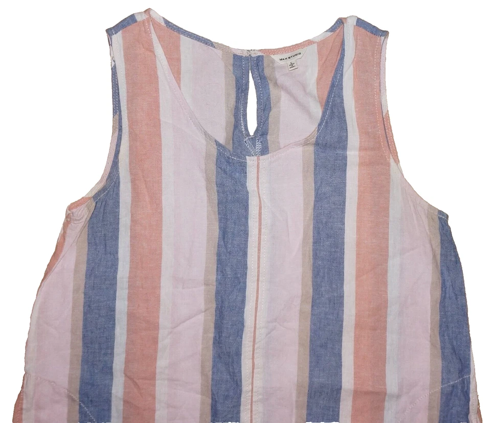 Vestido MAX STUDIO Azul y Claro Coral Mezcla Lino-Algodón Sin Mangas GRANDE Foto 2 de 4