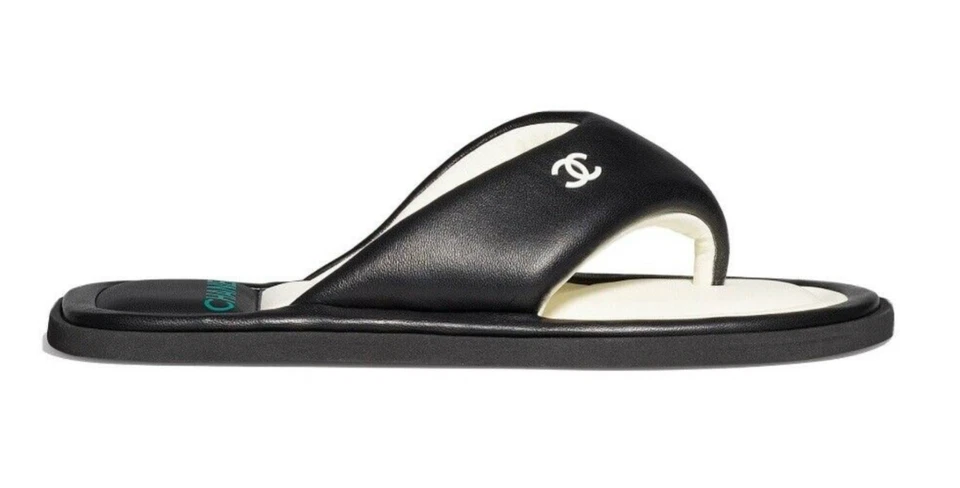 Chanel 22P Black White Lambskin Padded Pool Thong Logo Mule Slide Flat Sandal 42