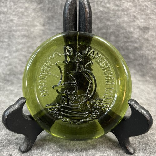 Jamestown Virginia Glass Paperweight Sailing Ship Souvenir Olive Green 3 3/8"