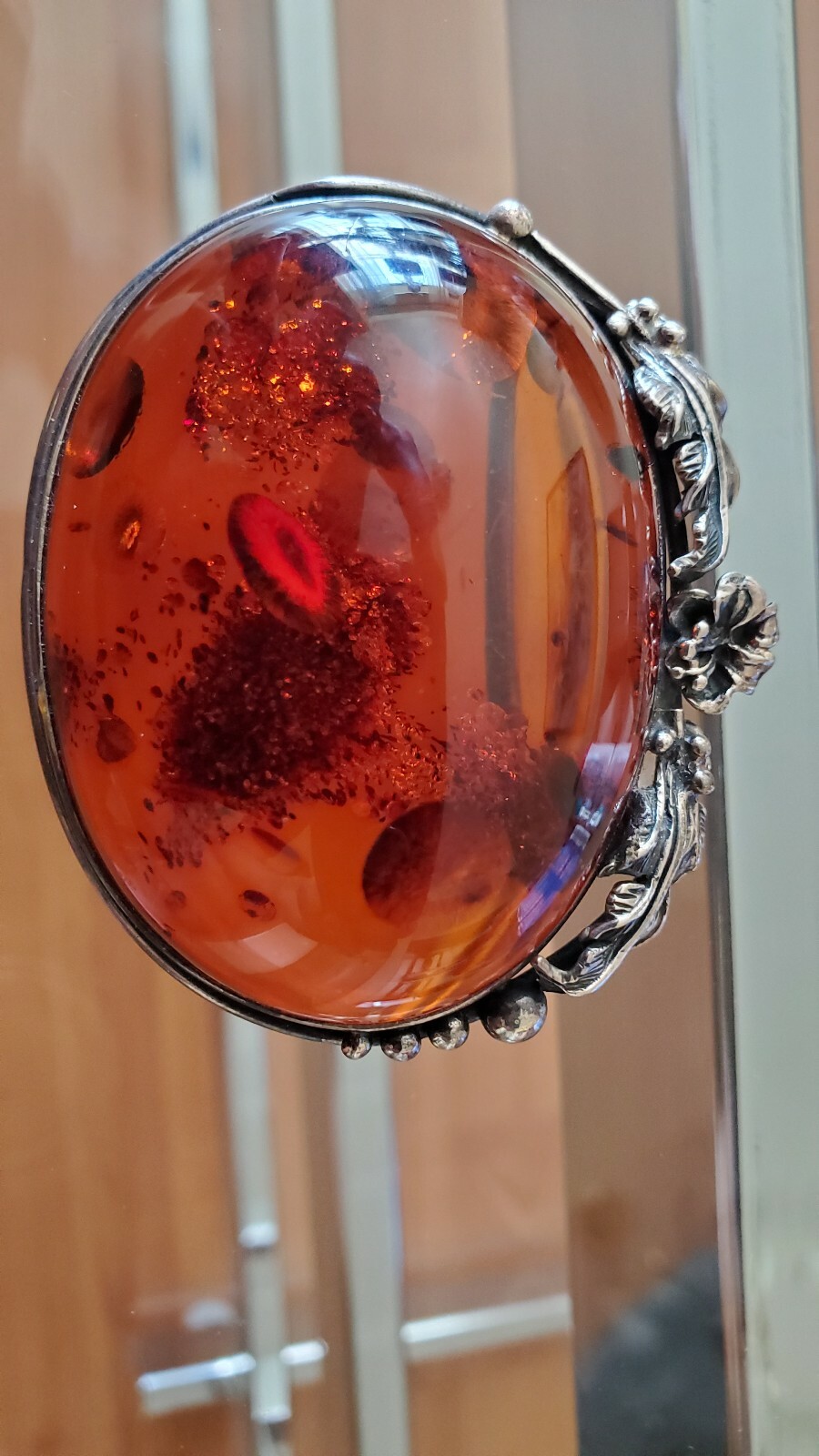 ANTIQUE REAL AMBER & STERLING SILVER BROOCH ! AMAZING… Gem