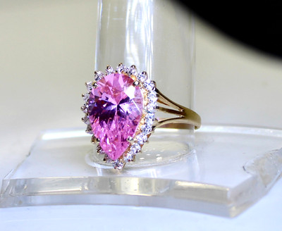 Gorgeous 14K Gold 4 Ctw Pear/Teardrop Pink Ice & CZ Ladies Ring, Size 7.25, 4.3g