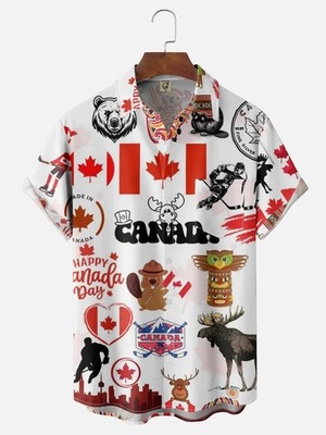 Canadian Culture Flag Beaver Elk Goose Breast Pocket Hawaiian Shirt