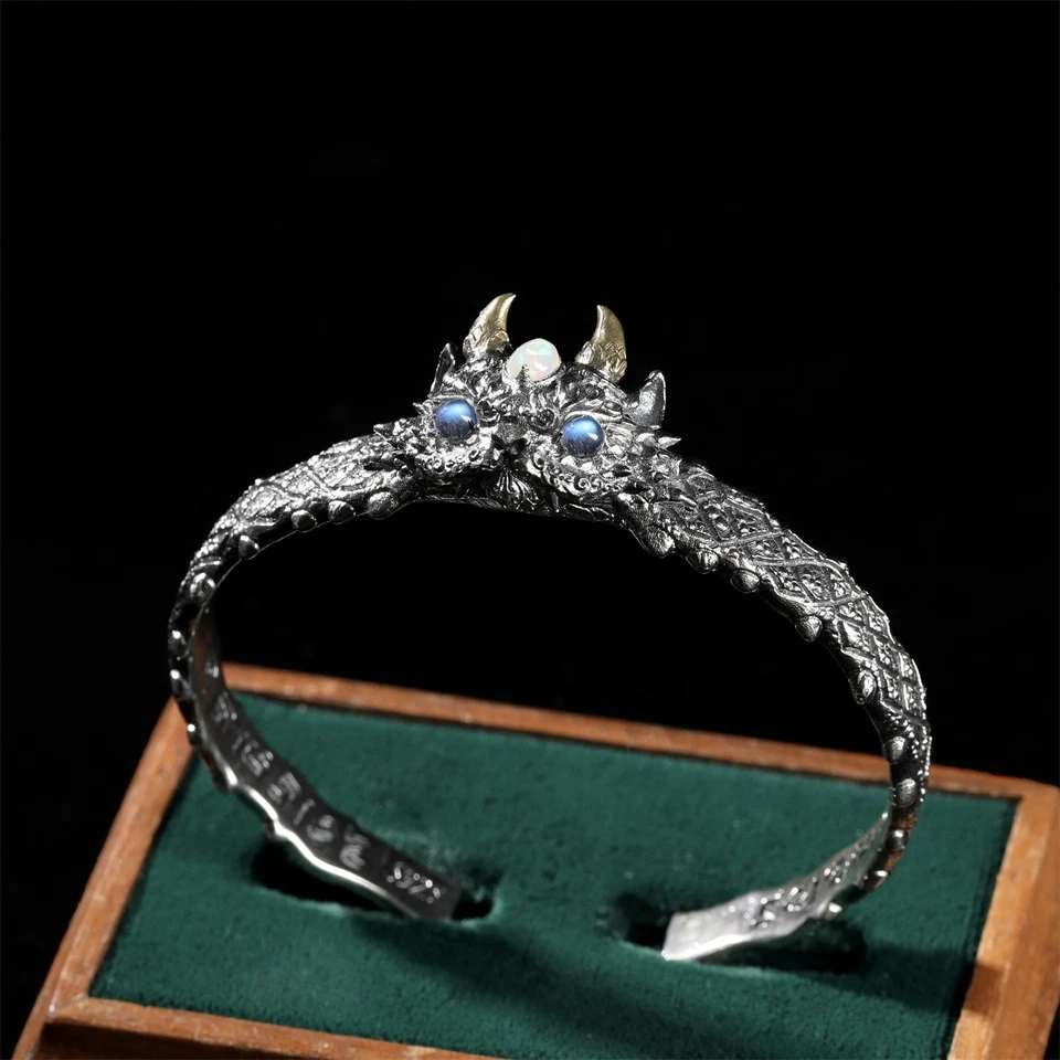 Pulsera S925 Plata Tallada Bestia Mítica Joyería Ópalo Gema Incrustación Regalo Ajustable Foto 4 de 4