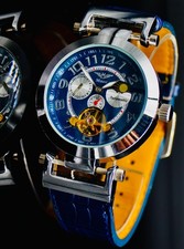 Edle Herren Uhr Automatikuhr Leder Armbanduhr Minoir  Blau Farben offene Unruh