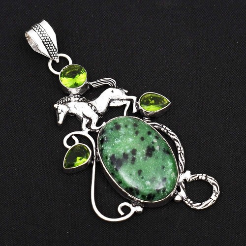 Ruby Zoisite Peridot Gemstone Handmade Animal Pendant Jewelry Gift 3.2" AP-46593