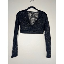 Black Lace Crop Top Long Sleeve V Neck Sheer Evening Party